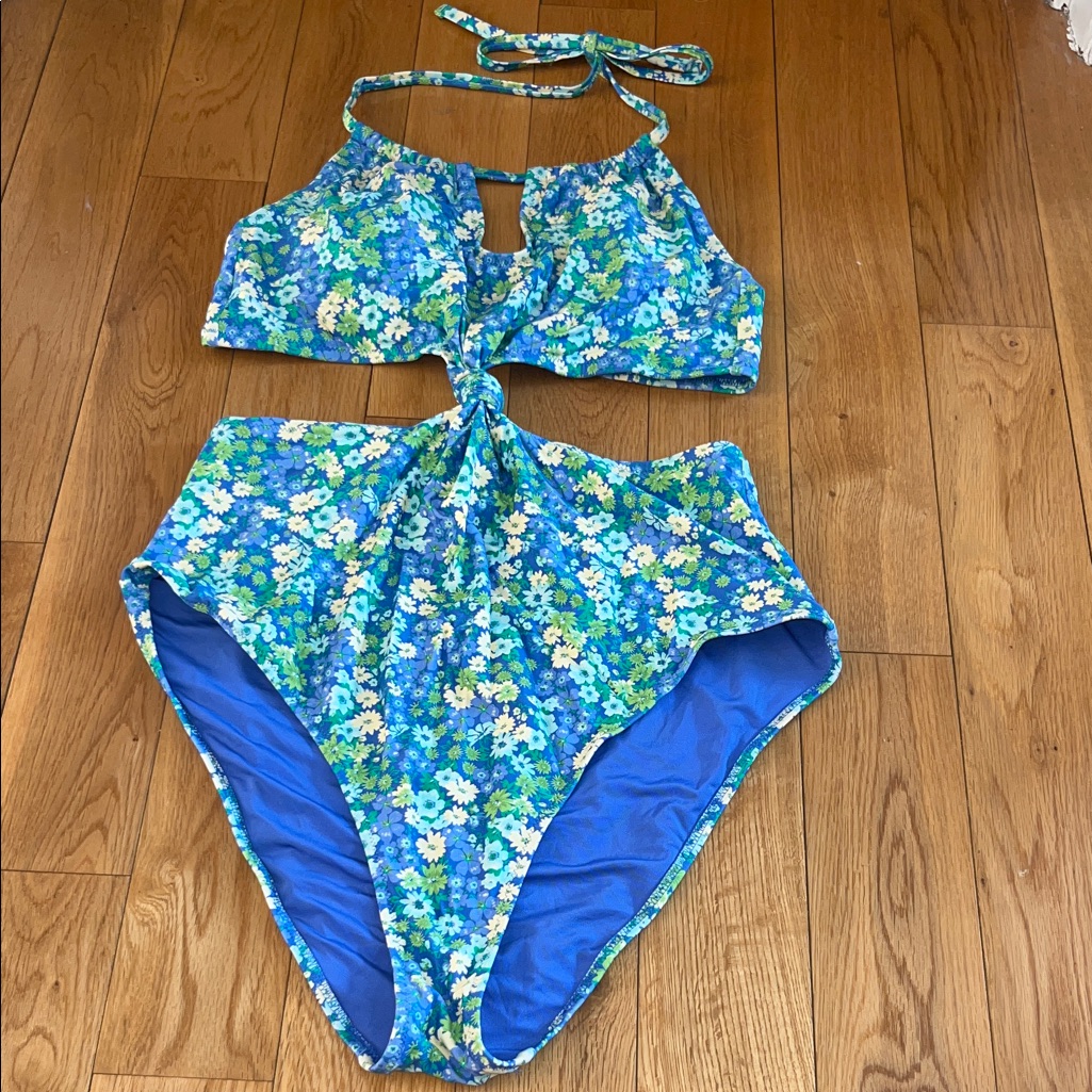 Aerie Cut Out Knot Cobalt Blue Green Floral One Piece Swimsuit - Size L Long